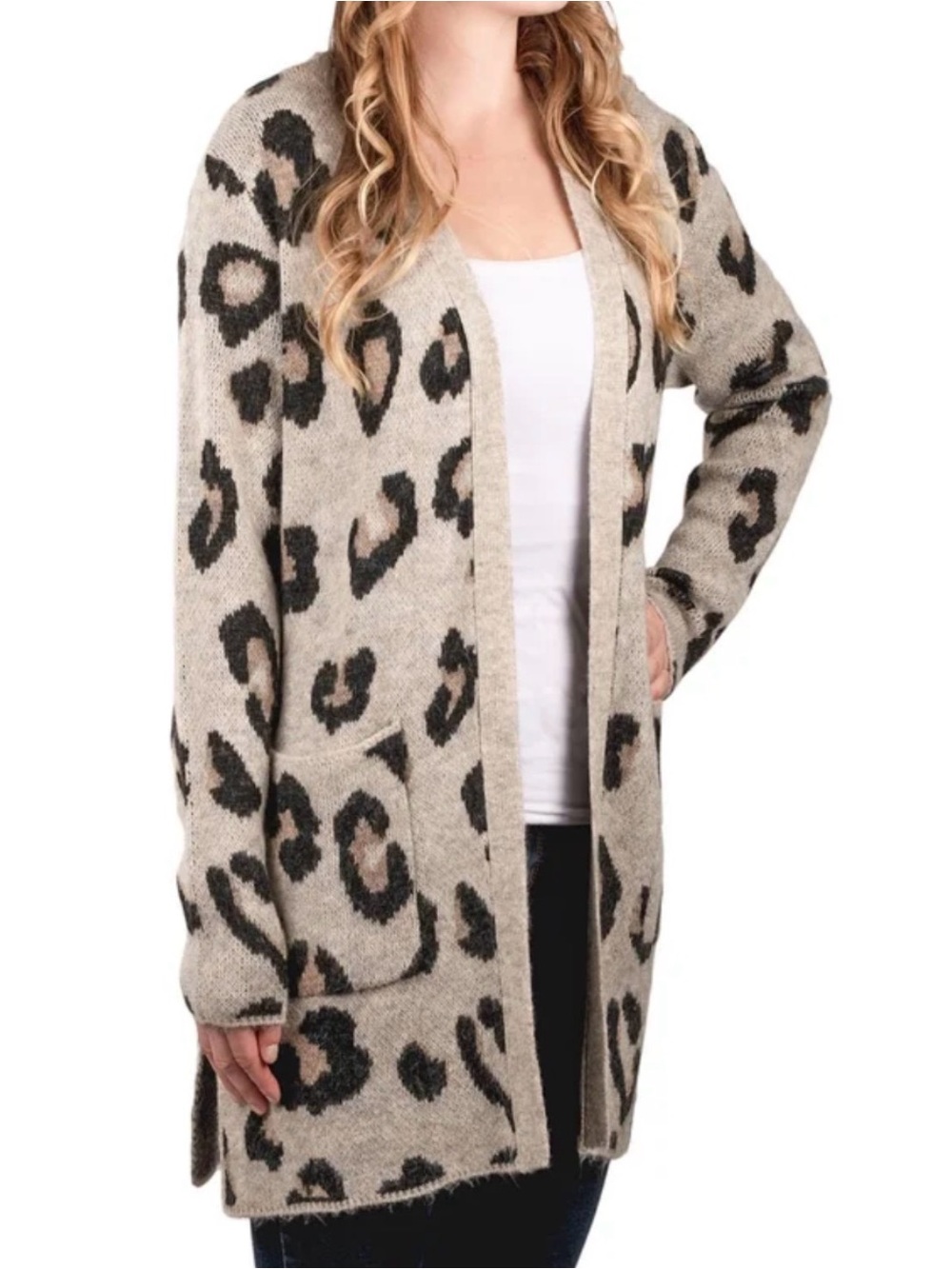 Leopard-Print Open Front Cardigan Sweater - Beige/Black